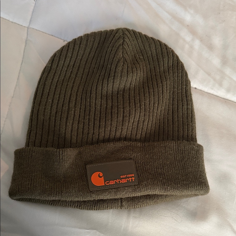 Carhartt Olive Ribbed Knit Beanie with Orange Logo Patch